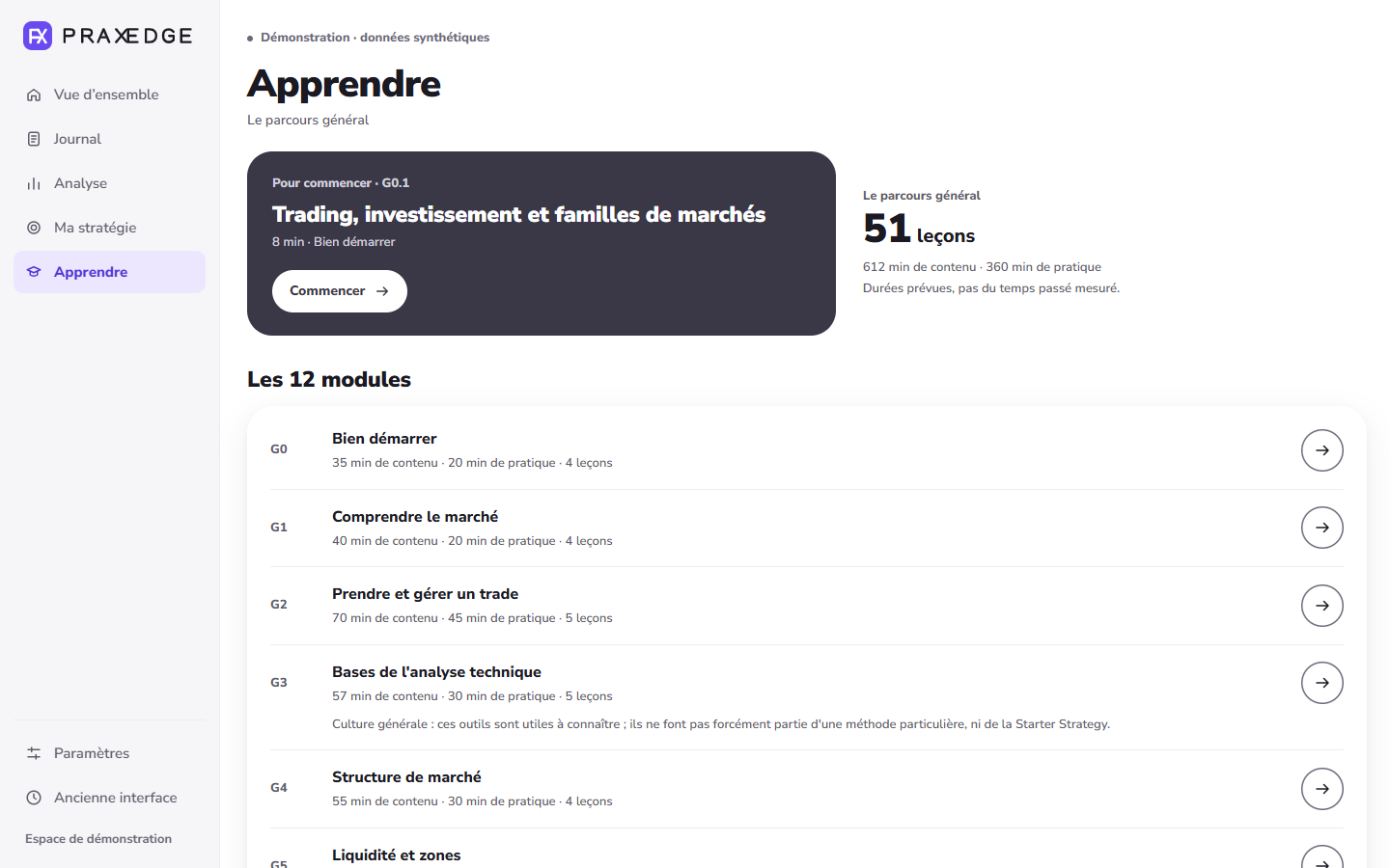 Accueil réel d’Apprendre : pour commencer G0.1, 51 leçons et 12 modules, aucune progression enregistrée.